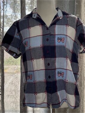 Northcrest Navy, White & Red Plaid Button-Down Shirt with Butterfly Accent